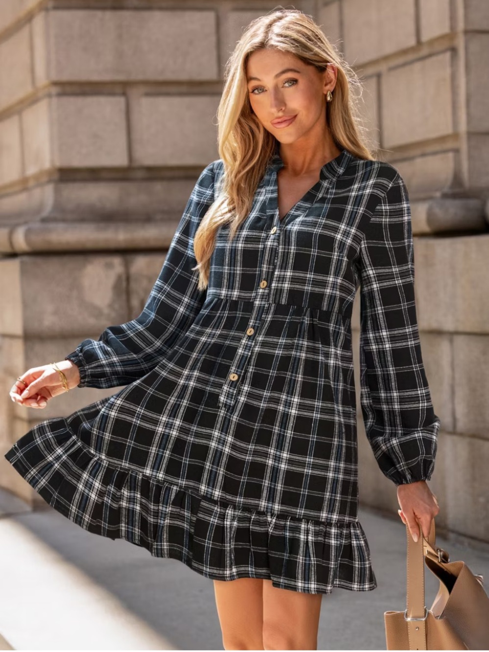 NWT Cupshe Plaid Tiered Ruffle Hem Mini Long Sleeve Dress Size S